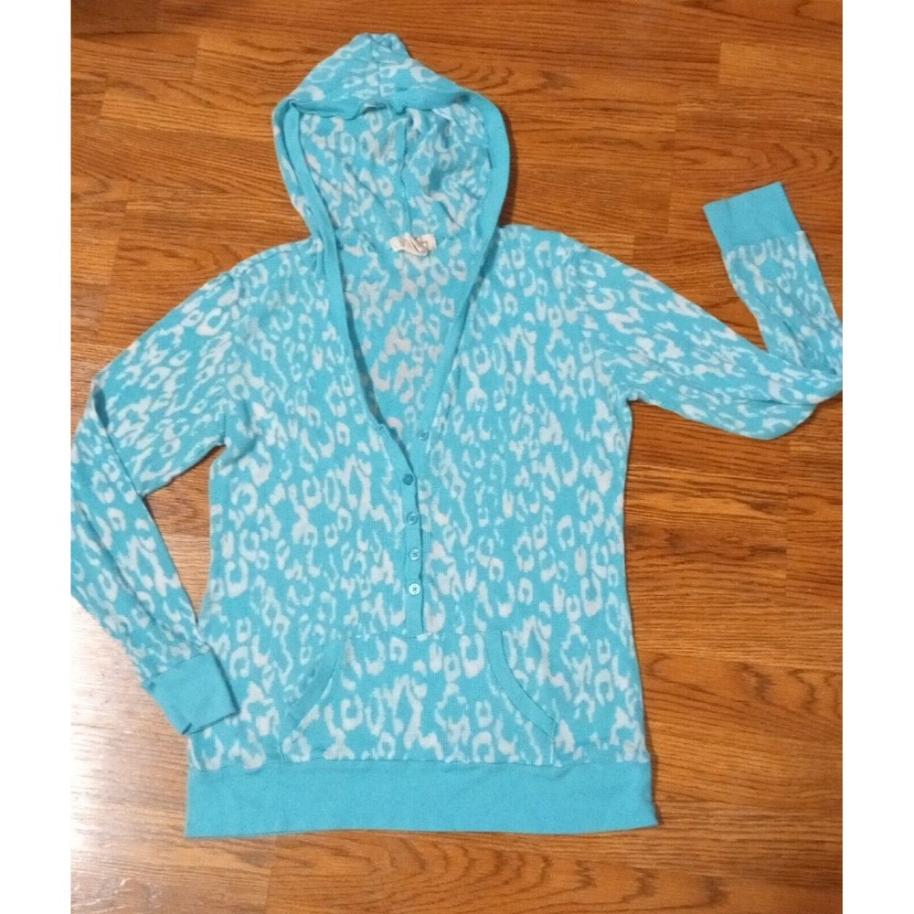 OP Lightweight Junior's Long Sleeve Hoodie Size XL 15-17 Aqua Leopard Print